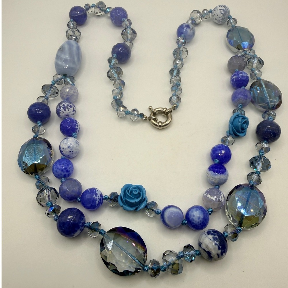 Blue Beaded Statement Necklace Agate Style Glass Crystal Rose Hand Knotted 24"